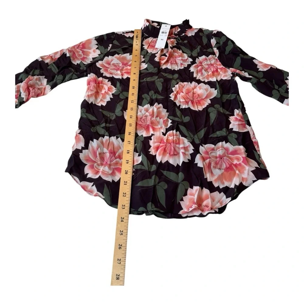 Ann Taylor Butterfly Floral 100% Silk Ruffle Split Neck Blouse Long Sleeve XS - Picture 11 of 13